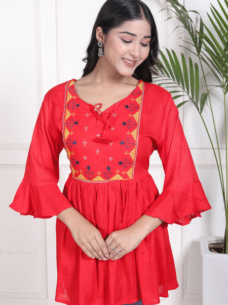 Miramaar Women's Rayon Embroidered Red Top