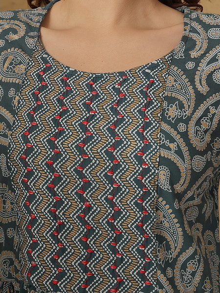 Miramaar Women's Green Printed Rayon A-line Embroidered Salwar Suit Set