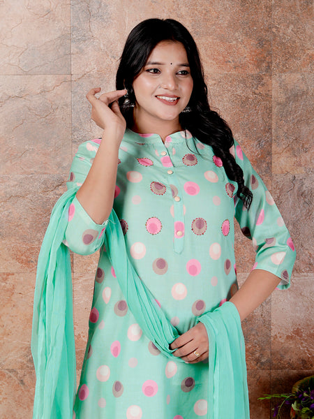Miramaar Women's Green Poly Linen Straight Adda Work Kurta Set with Dupatta