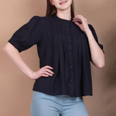 Miramaar Women's Cotton Flex Solid Blue Pintex Top