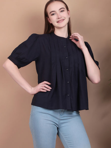 Miramaar Women's Cotton Flex Solid Blue Pintex Top