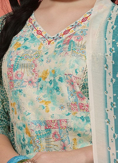 Miramaar Women's Green Straight Cotton Schiffli Kurta Dupatta Set