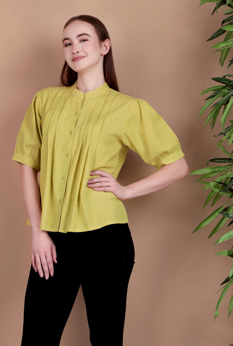 Miramaar Women's Cotton Flex Solid Lime Green Pintex Top