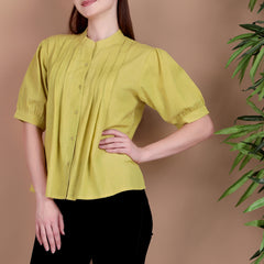 Miramaar Women's Cotton Flex Solid Lime Green Pintex Top