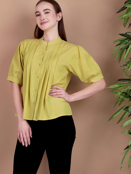 Miramaar Women's Cotton Flex Solid Lime Green Pintex Top