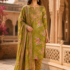 Miramaar Women's Green Cotton Straight Round Neck Hand Work Kurta Pant with Dupatta