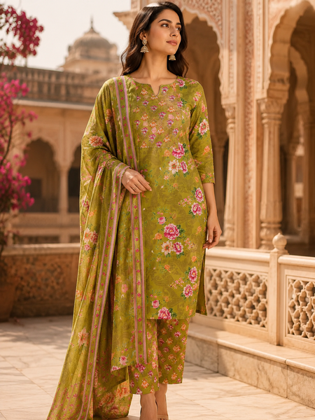 Miramaar Women's Green Cotton Straight Round Neck Hand Work Kurta Pant with Dupatta