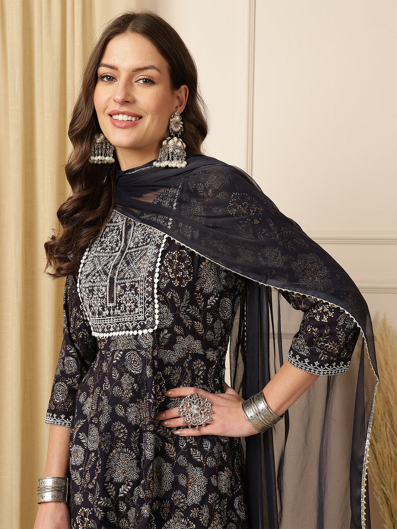 Miramaar Women's Black Foil Printed Rayon Embroidered Anarkali Kurti