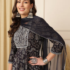 Miramaar Women's Black Foil Printed Rayon Embroidered Anarkali Kurti