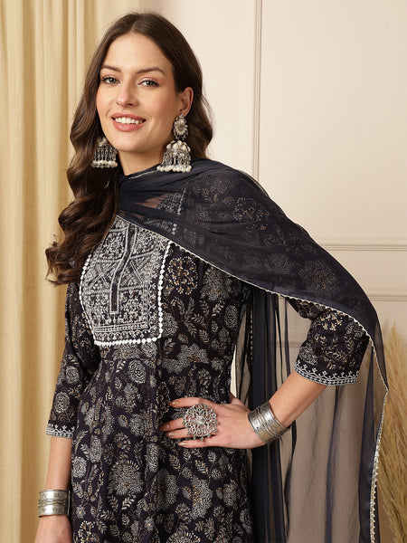 Miramaar Women's Black Foil Printed Rayon Embroidered Anarkali Kurti