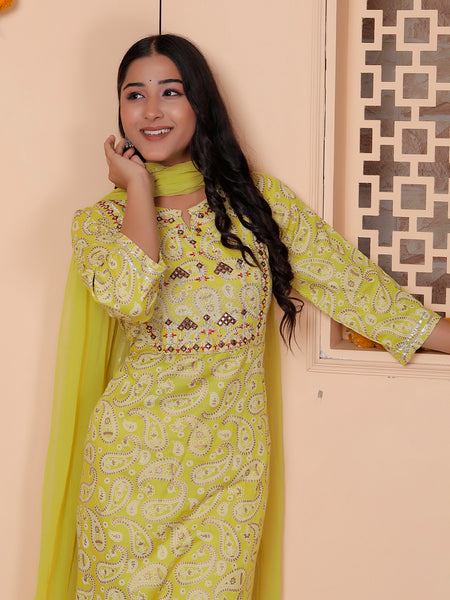 Miramaar Women's Lime Green Rayon Straight Kurta Set with Dupatta