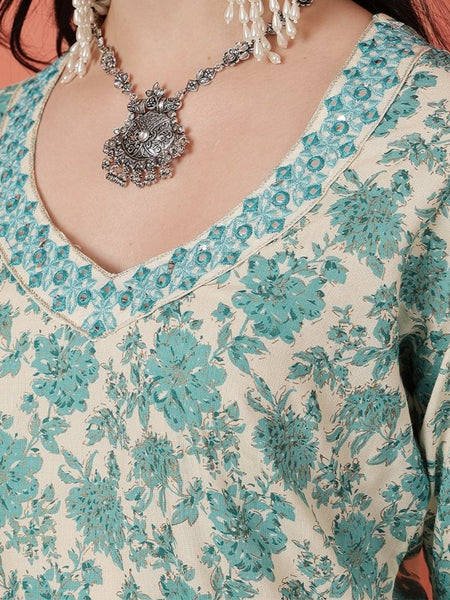 Miramaar Women's Green Printed Rayon Slub Straight Kurta Dupatta Set