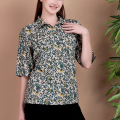 Miramaar Women's Cotton Spread Collar Green Printed Top