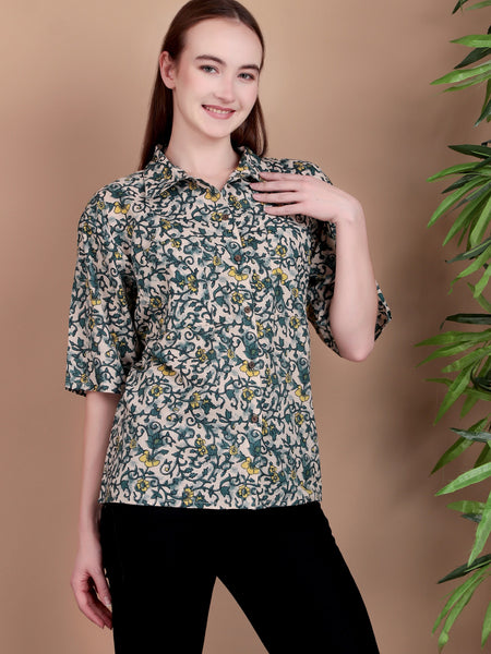Miramaar Women's Cotton Spread Collar Green Printed Top