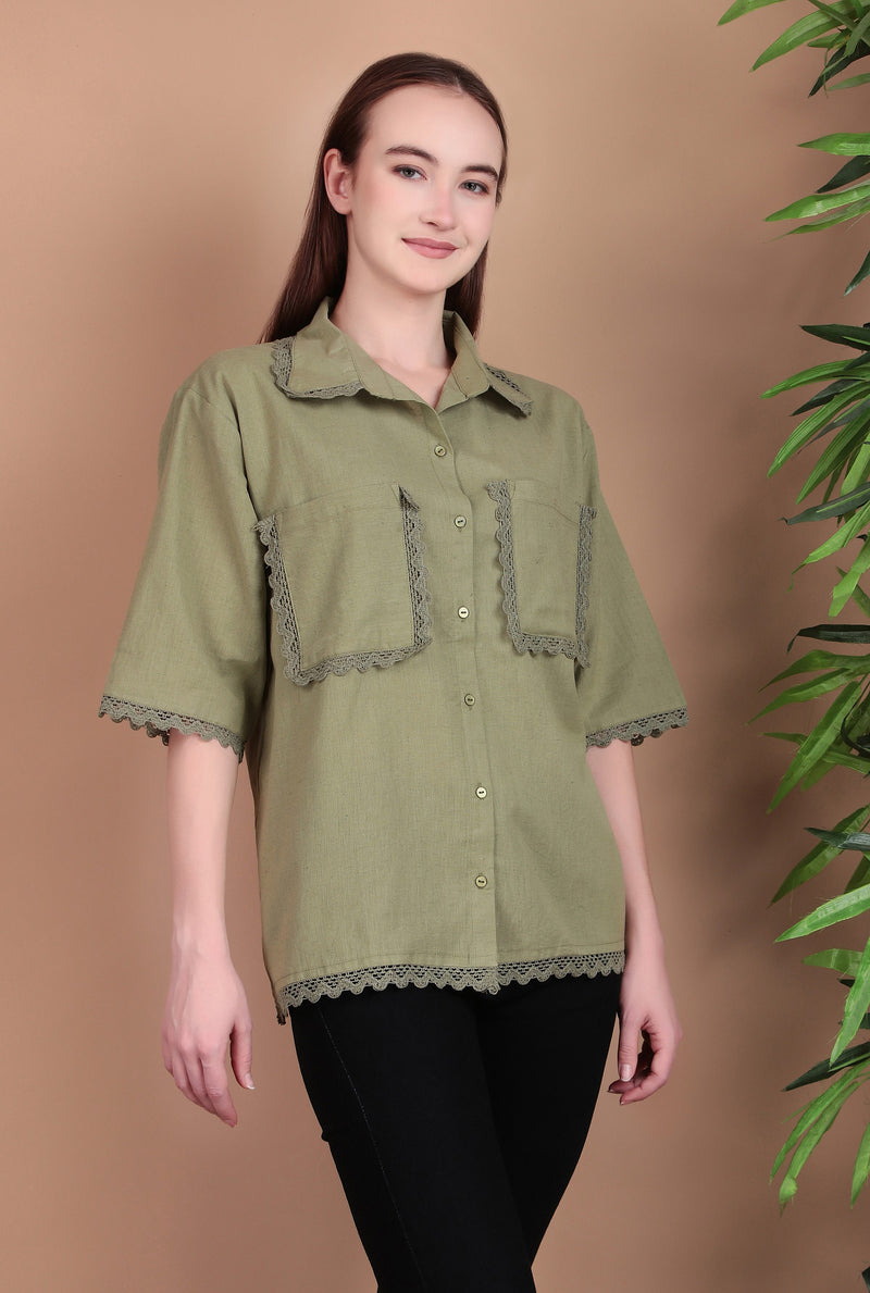 Miramaar Women's Cotton Flex Spread Collar Olive Green Solid Lace Work Top