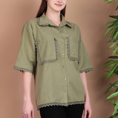 Miramaar Women's Cotton Flex Spread Collar Olive Green Solid Lace Work Top
