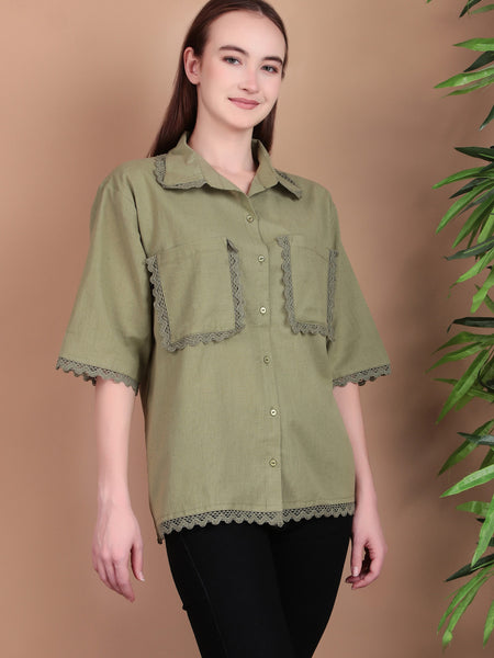 Miramaar Women's Cotton Flex Spread Collar Olive Green Solid Lace Work Top