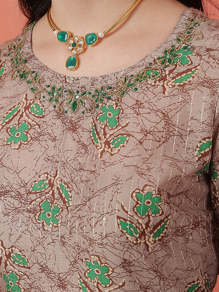 Miramaar Women's Green Muslin Printed Straight Adda Work Kurta Dupatta Set