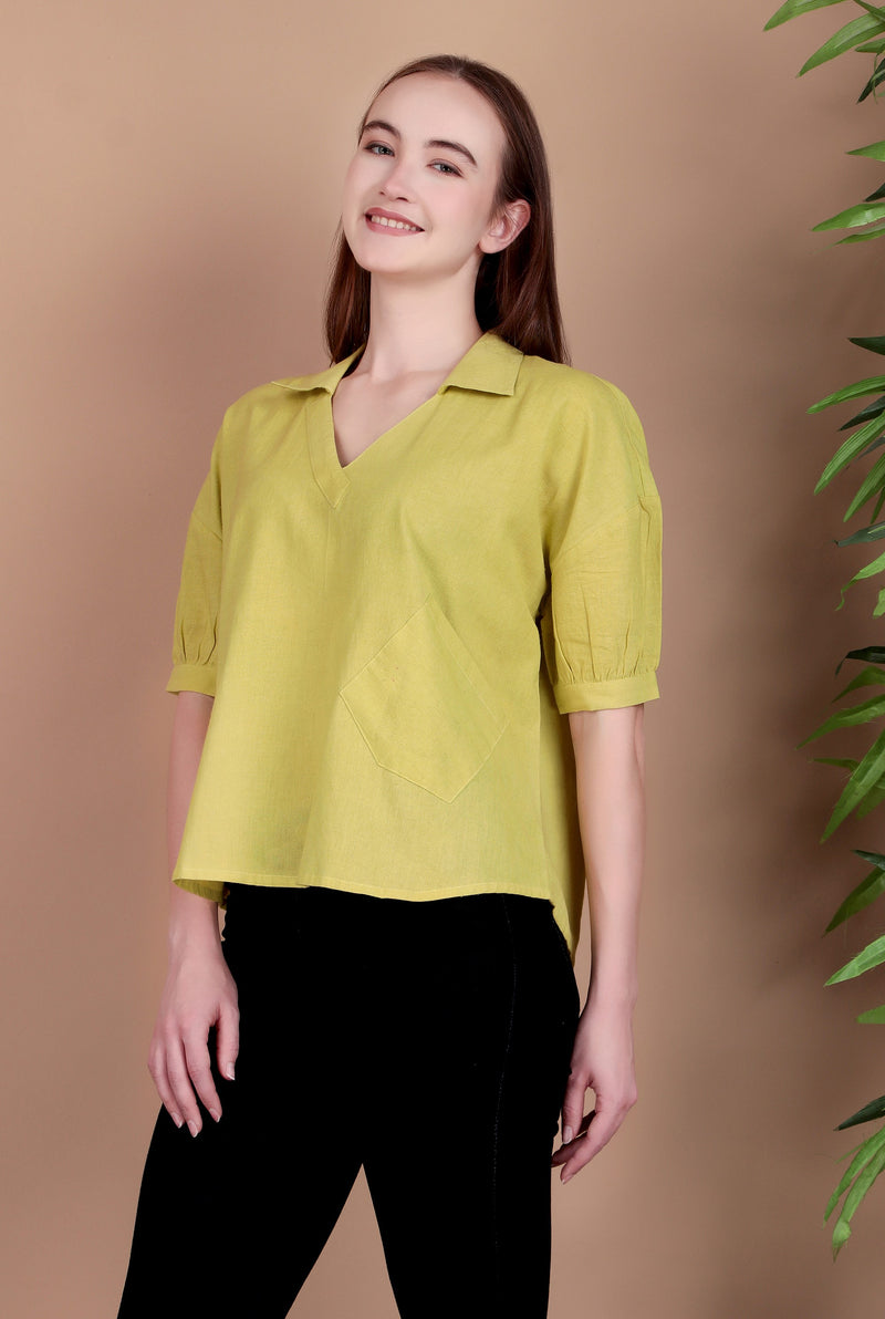 Miramaar Women's Cotton Flex Solid Lime Green Regular Top