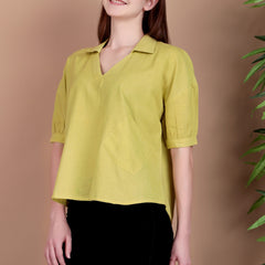 Miramaar Women's Cotton Flex Solid Lime Green Regular Top