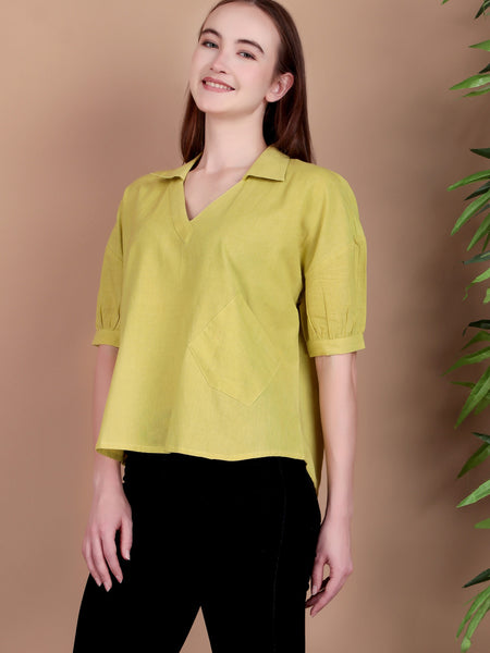 Miramaar Women's Cotton Flex Solid Lime Green Regular Top