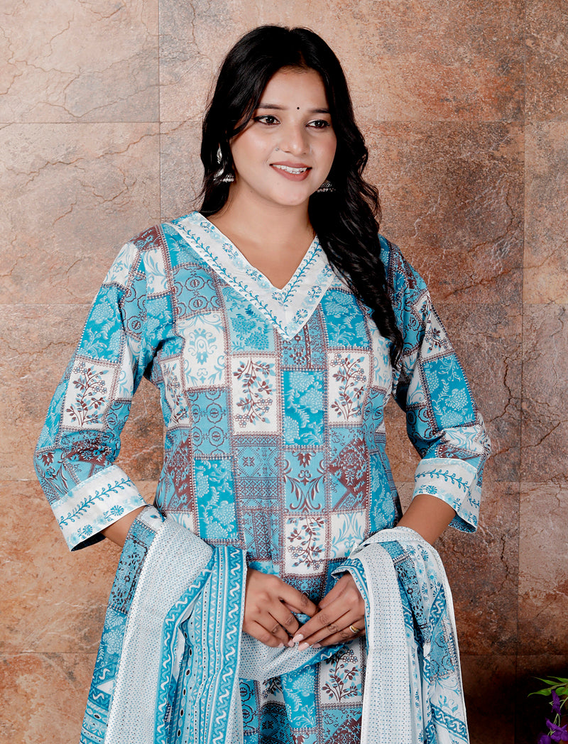 Miramaar Women's Blue Cotton Adda Work Straight Kurta Dupatta Set