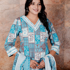 Miramaar Women's Blue Cotton Adda Work Straight Kurta Dupatta Set