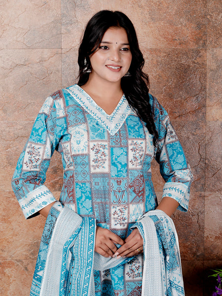 Miramaar Women's Blue Cotton Adda Work Straight Kurta Dupatta Set