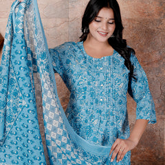 Miramaar Women's Blue Round Neck Hand Work Kurta Pant with Dupatta