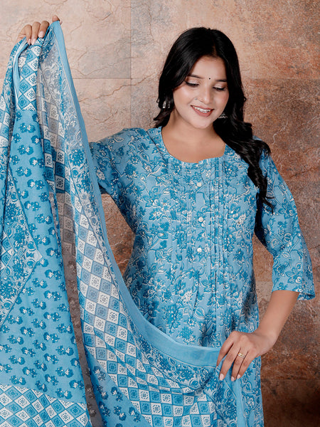 Miramaar Women's Blue Round Neck Hand Work Kurta Pant with Dupatta