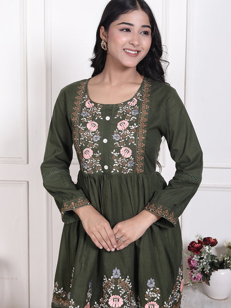 Miramaar Women's Cotton Green Embroidered Tunics