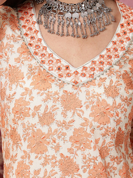 Miramaar Women's Peach Rayon Slub V-Neck Embroidered Kurta Pant with Dupatta