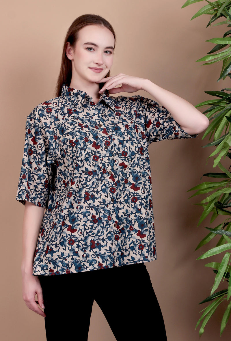 Miramaar Women's Cotton Spread Collar Blue Printed Top