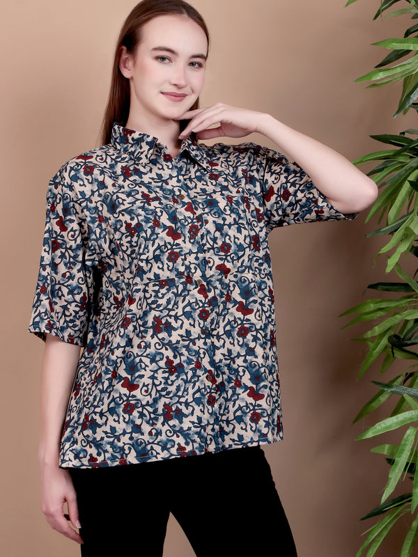 Miramaar Women's Cotton Spread Collar Blue Printed Top