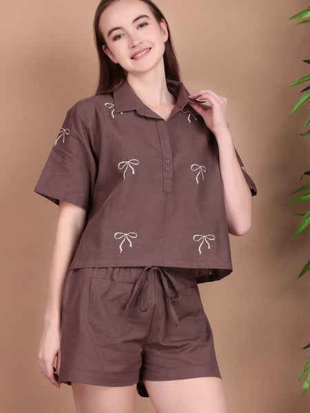 Miramaar Women's Brown Cotton Flex Top & Shorts Co-ord Set