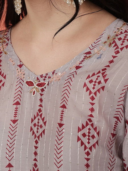 Miramaar Women's Grey & Maroon Muslin Adda Work Kurta Set with Dupatta