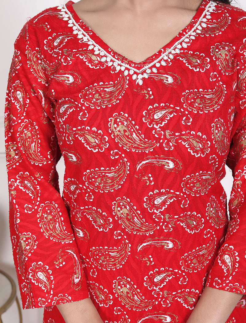 Miramaar Women's Brown Printed Cotton V-Neck Straight Kurta Pant with Dupatta