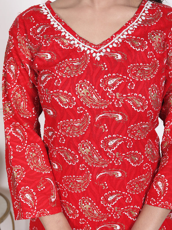Miramaar Women's Red Cotton Straight V-Neck Kurta Set with Dupatta