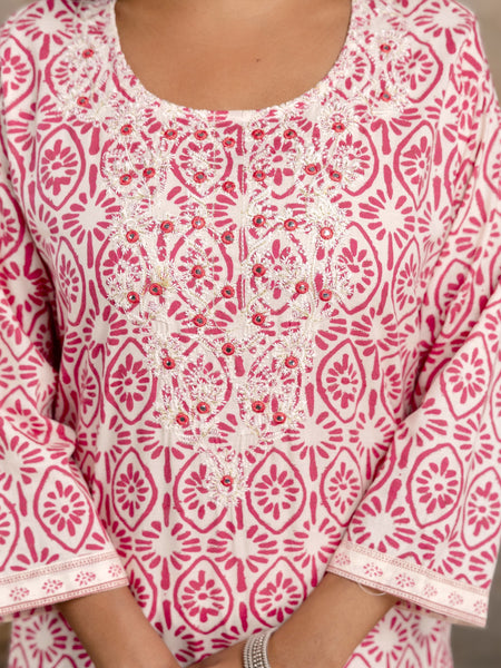 Miramaar Women's Pink Cotton Straight Embroidered Printed Kurta Pant with Dupatta