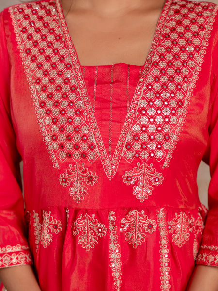 Miramaar Women's Roman Shimmer Embroidered Red Kurta Pant with Dupatta