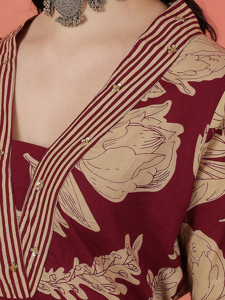 Miramaar Women's Purple Cotton V-Neck Adda Work Straight Kurta Dupatta Set