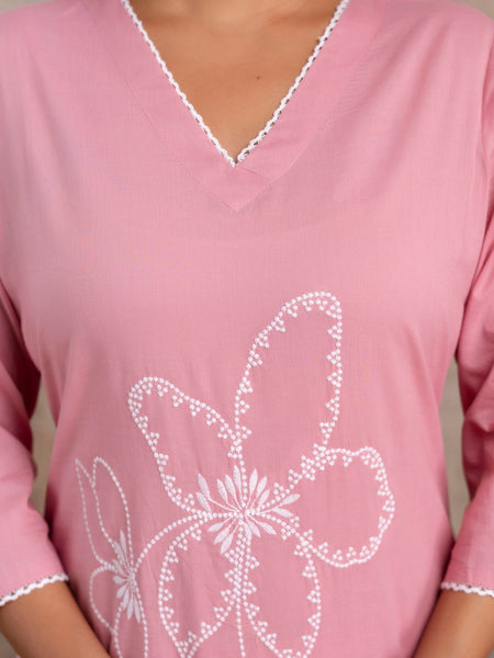 Miramaar Women's Cotton Pink Straight Embroidered Kurta Pant with Dupatta