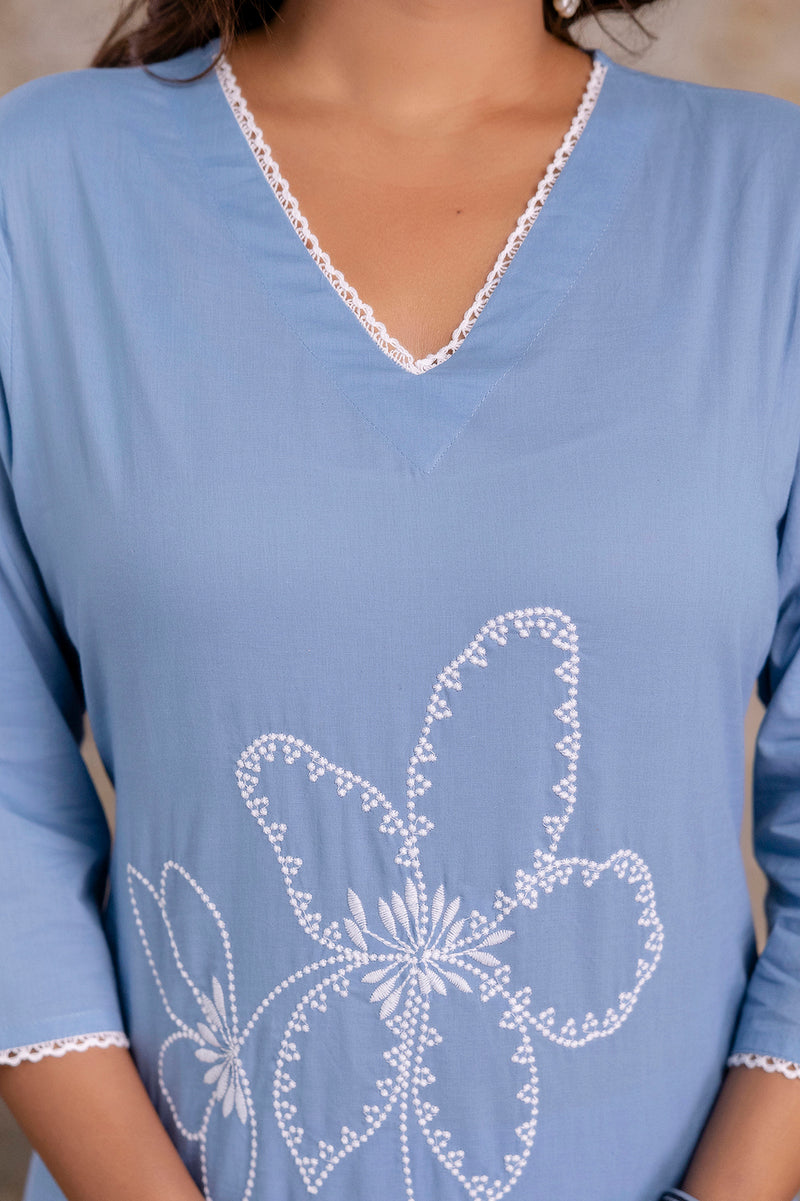 Miramaar Women's Cotton Blue Straight Embroidered Kurta Pant with Dupatta