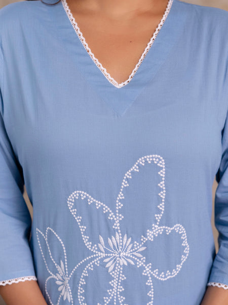 Miramaar Women's Cotton Blue Straight Embroidered Kurta Pant with Dupatta