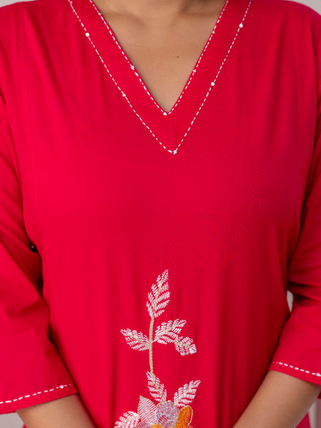 Miramaar Women's Magenta Cotton Embroidered Solid Kurta Pant Dupatta