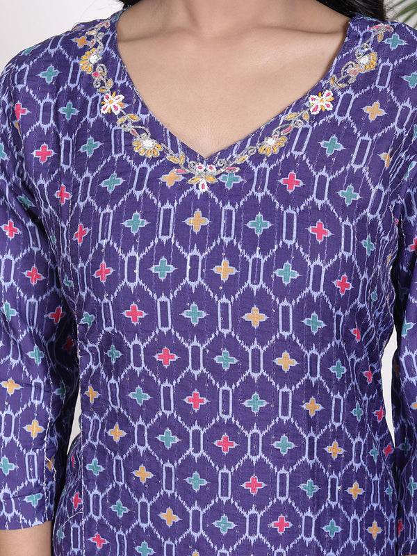 Miramaar Women's Blue Muslin V-Neck Kurta Set with Dupatta