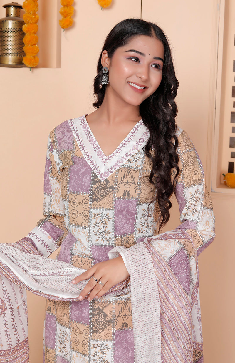 Miramaar Women's Printed Cotton V-Neck Straight Kurta Set with Dupatta