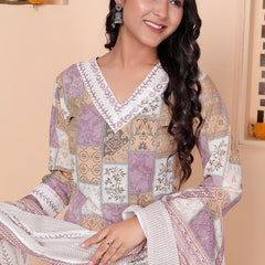 Miramaar Women's Printed Cotton V-Neck Straight Kurta Set with Dupatta