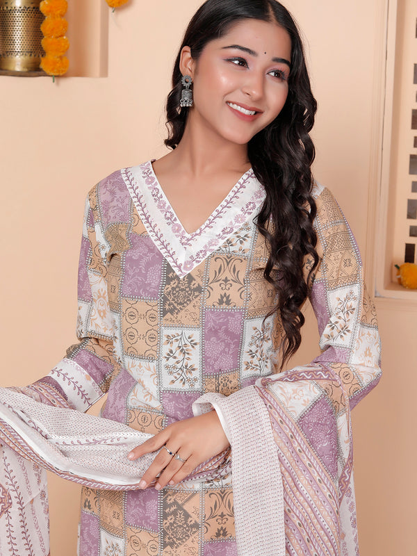 Miramaar Women's Printed Cotton V-Neck Straight Kurta Set with Dupatta