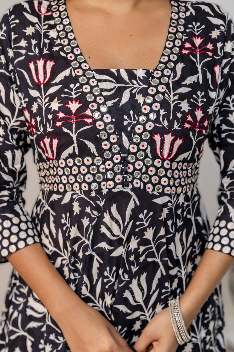 Miramaar Women's Anarkali Black Embroidered V-Neck Kurta Pant with Dupatta